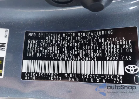 2022 Toyota Corolla Le z USA, uszkodzony, nr VIN 5YFEPMAE9NP368404